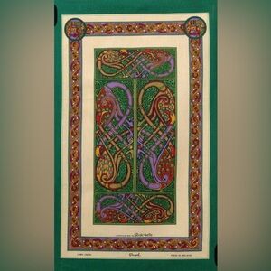 Vtg FINGAL Irish Linen Celtic Knotwork Zoomorphic Motifs Tea Towel #1003255